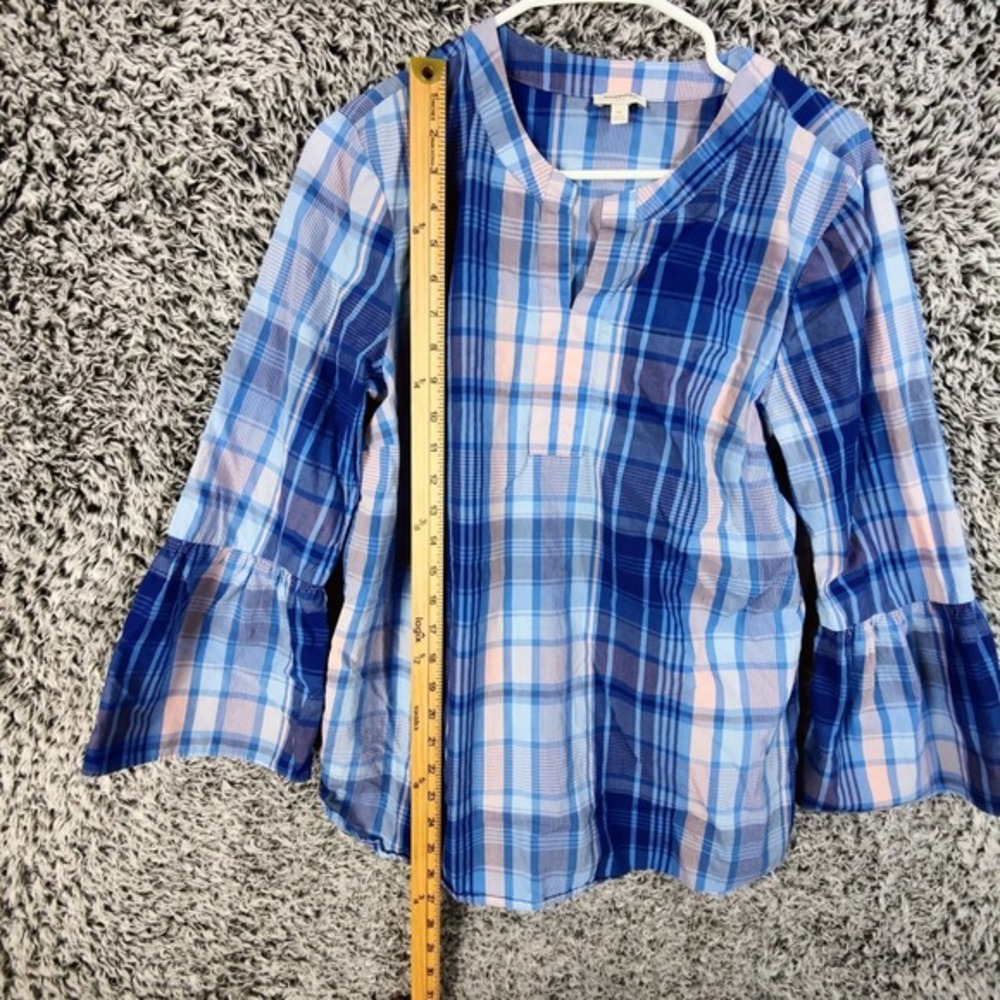Talbots Womens Preppy Coastal Plaid Bell Sleeve Blouse M Blue Pink Split Neck - Picture 3 of 8